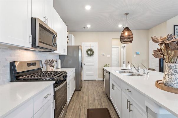 Interior, Kitchen, Pendant Lights, Recessed Lighting, Stainless Steel Appliances, Wood Texture Flooring