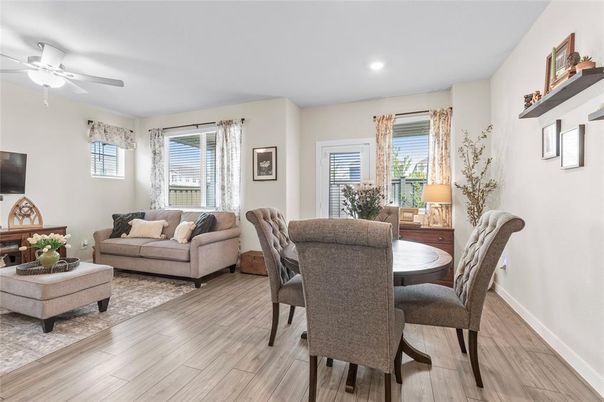 Dining room, Interior, Living room, Recessed Lighting, Wood Texture Flooring
