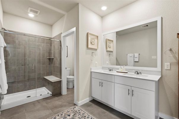 Bathroom, Dual Sink Vanities, Glass Shower, Interior, Recessed Lighting