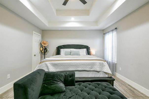 Bedroom, Interior, Recessed Lighting, Wood Texture Flooring