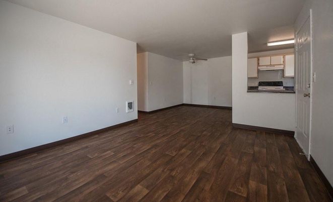 Empty room, Interior, Kitchen, Stainless Steel Appliances, Wood Texture Flooring