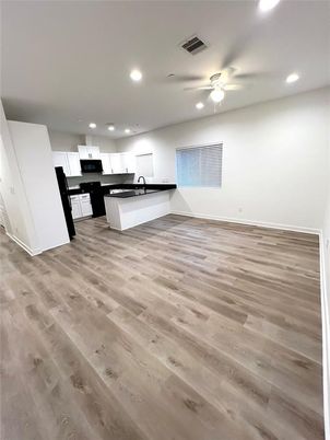 Empty room, Interior, Kitchen, Recessed Lighting, Wood Texture Flooring