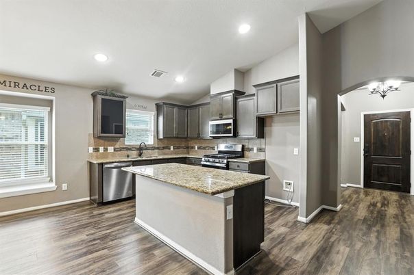 Interior, Kitchen, Recessed Lighting, Stainless Steel Appliances, Wood Texture Flooring