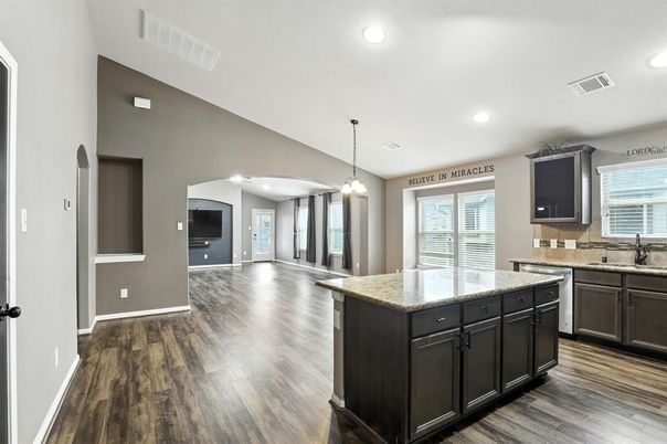 Interior, Kitchen, Pendant Lights, Recessed Lighting, Wood Texture Flooring