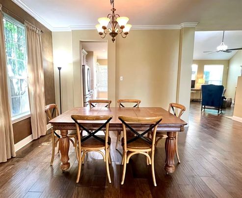 Chandelier, Dining room, Interior, Wood Texture Flooring