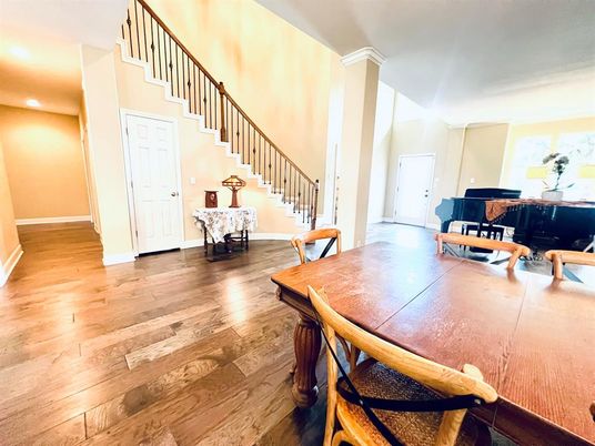 Dining room, Interior, Piano, Recessed Lighting, Wood Texture Flooring