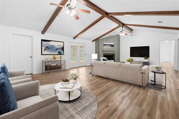 Fireplace, Interior, Living room, Stone Walls, Wooden Beams, Wood Texture Flooring