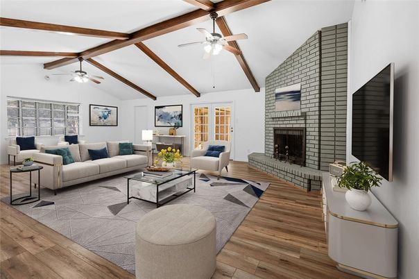 Fireplace, Interior, Living room, Wooden Beams, Wood Texture Flooring