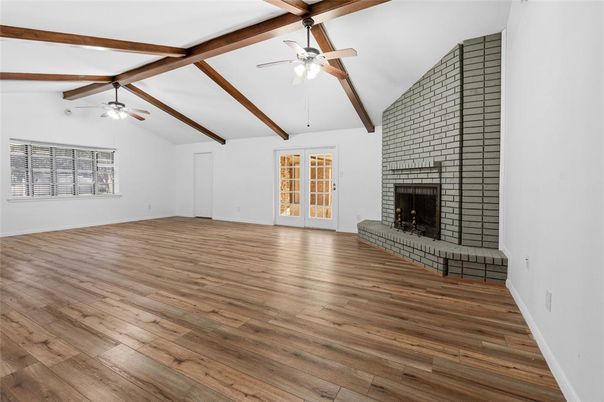 Empty room, Fireplace, Interior, Wooden Beams, Wood Texture Flooring