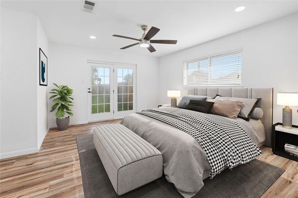 Bedroom, Interior, Recessed Lighting, Wood Texture Flooring
