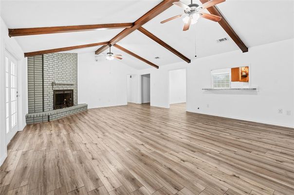 Empty room, Fireplace, Interior, Wooden Beams, Wood Texture Flooring