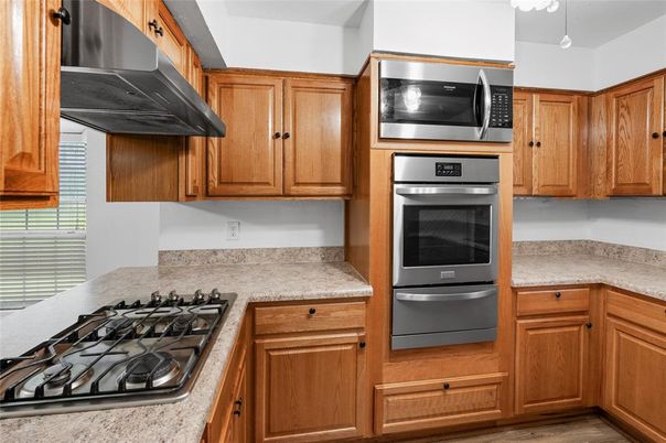 Interior, Kitchen, Pendant Lights, Stainless Steel Appliances, Wood Texture Flooring