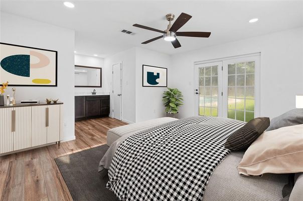 Bedroom, Interior, Recessed Lighting, Wood Texture Flooring