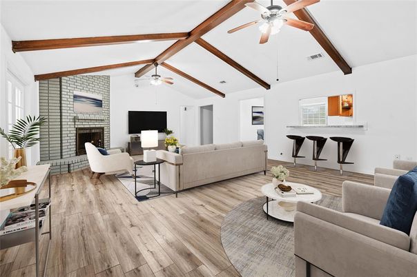 Fireplace, Interior, Living room, Stone Walls, Wooden Beams, Wood Texture Flooring
