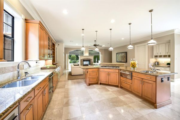 Fireplace, Interior, Kitchen, Living room, Pendant Lights, Recessed Lighting