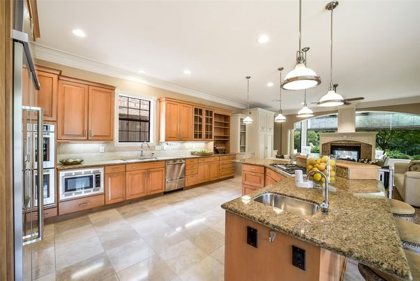 Fireplace, Interior, Kitchen, Pendant Lights, Recessed Lighting, Stainless Steel Appliances