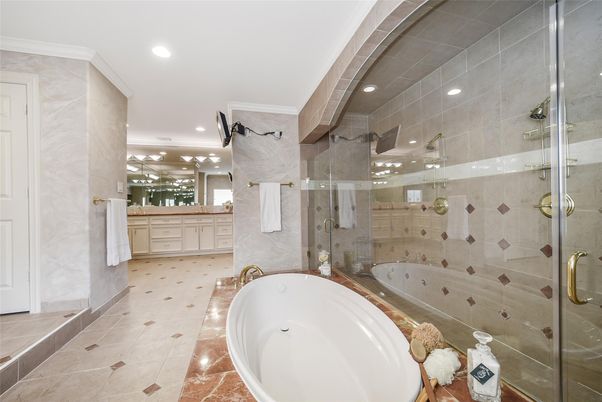 Bathroom, Dual Sink Vanities, Glass Shower, Interior, Recessed Lighting