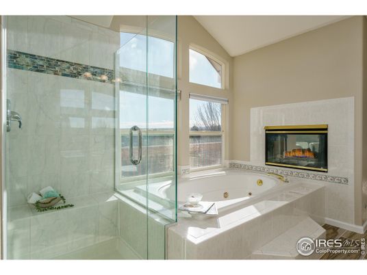Bathroom, Fireplace, Glass Shower, Interior, Marble Walls