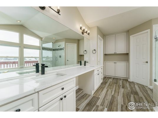 Bathroom, Dual Sink Vanities, Interior, Recessed Lighting, Wood Texture Flooring