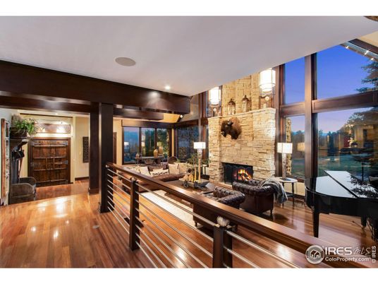 Fireplace, Home Office, Interior, Living room, Piano, Recessed Lighting, Stone Walls, Wood Texture Flooring