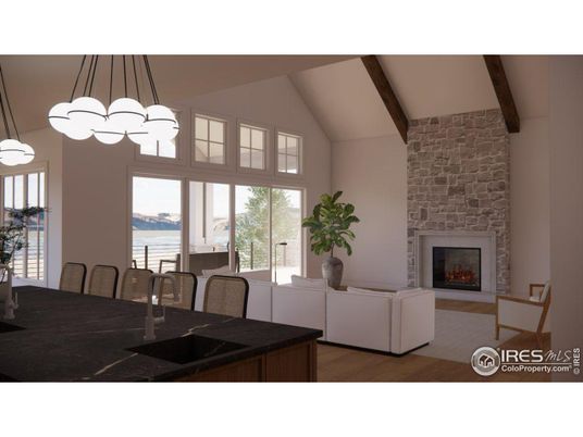 Dining room, Fireplace, Interior, Living room, Pendant Lights, Stone Walls, Wooden Beams, Wood Texture Flooring