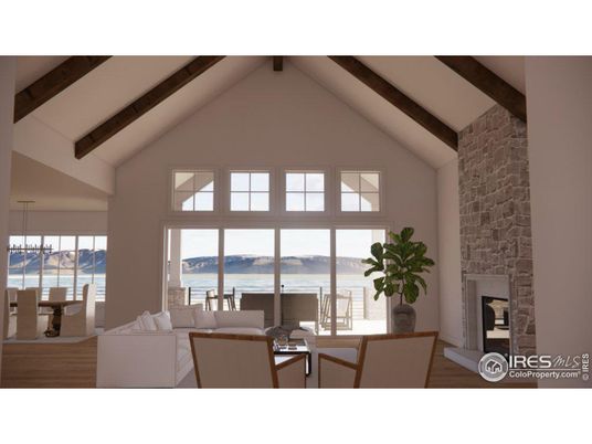 Dining room, Fireplace, Interior, Living room, Pendant Lights, Stone Walls, Water, Wooden Beams, Wood Texture Flooring