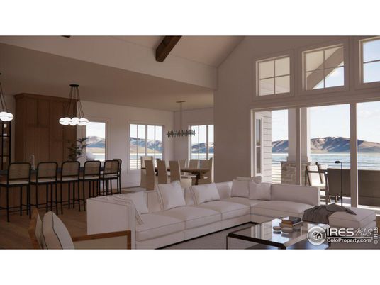 Dining room, Interior, Living room, Pendant Lights, Water, Wooden Beams, Wood Texture Flooring