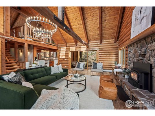 Chandelier, Dining room, Fireplace, Interior, Living room, Stone Walls, Wooden Beams, Wooden Ceilings, Wooden Walls