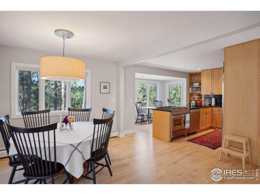 Dining room, Interior, Kitchen, Pendant Lights, Recessed Lighting, Wood Texture Flooring