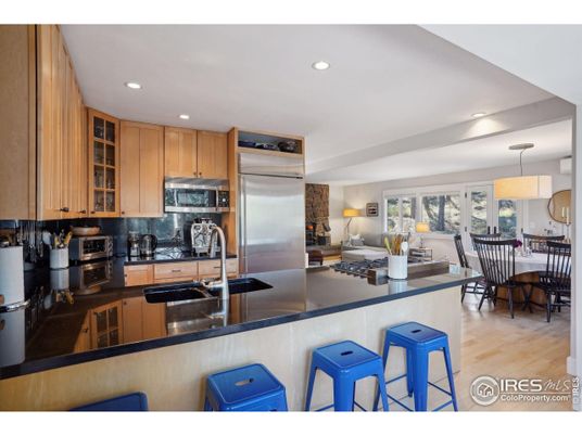 Dining room, Interior, Kitchen, Living room, Pendant Lights, Recessed Lighting, Stainless Steel Appliances, Wood Texture Flooring