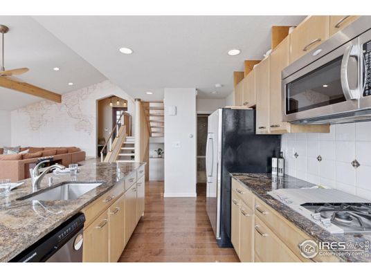 Interior, Kitchen, Recessed Lighting, Stainless Steel Appliances, Wooden Beams, Wood Texture Flooring