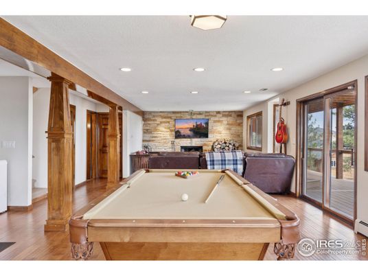 Billiard Table, Game Room, Interior, Recessed Lighting, Stone Walls, Wood Texture Flooring