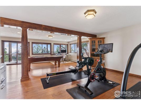 Billiard Table, Fitness Equipment, Game Room, Interior, Recessed Lighting, Wood Texture Flooring