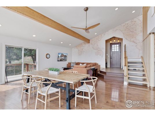 Dining room, Interior, Living room, Recessed Lighting, Wooden Beams, Wood Texture Flooring