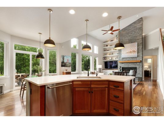 Fireplace, Interior, Kitchen, Pendant Lights, Recessed Lighting, Stone Walls, Wood Texture Flooring