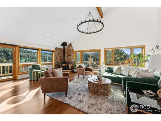 Fireplace, Interior, Living room, Pendant Lights, Recessed Lighting, Stone Walls, Wooden Beams, Wood Texture Flooring