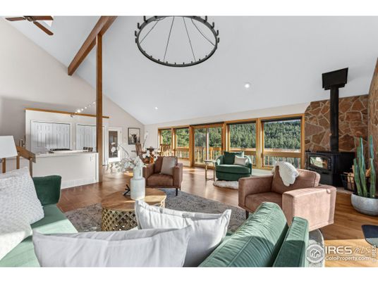 Fireplace, Interior, Kitchen, Living room, Recessed Lighting, Stone Walls, Wooden Beams, Wood Texture Flooring