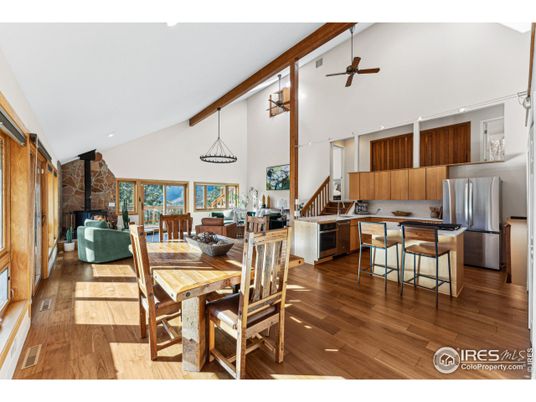Dining room, Fireplace, Interior, Kitchen, Pendant Lights, Wooden Beams, Wood Texture Flooring