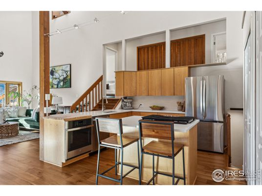 Interior, Kitchen, Living room, Stainless Steel Appliances, Wood Texture Flooring