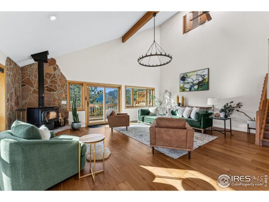 Fireplace, Interior, Living room, Pendant Lights, Recessed Lighting, Stone Walls, Wooden Beams, Wood Texture Flooring