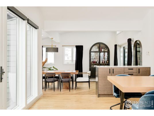Dining room, Interior, Pendant Lights, Wood Texture Flooring