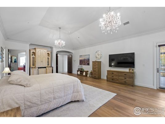Bedroom, Chandelier, Interior, Wood Texture Flooring