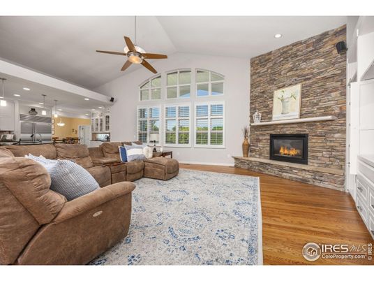 Fireplace, Interior, Kitchen, Living room, Pendant Lights, Recessed Lighting, Stone Walls, Wood Texture Flooring