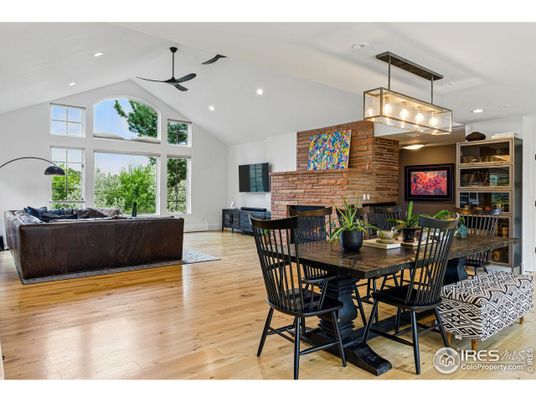 Dining room, Fireplace, Interior, Living room, Pendant Lights, Recessed Lighting, Stone Walls, Wood Texture Flooring