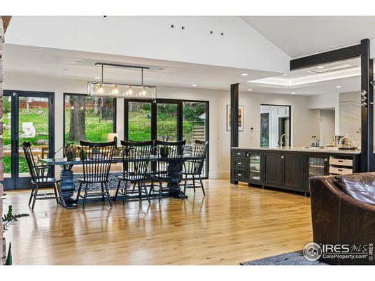 Dining room, Interior, Kitchen, Pendant Lights, Recessed Lighting, Wood Texture Flooring