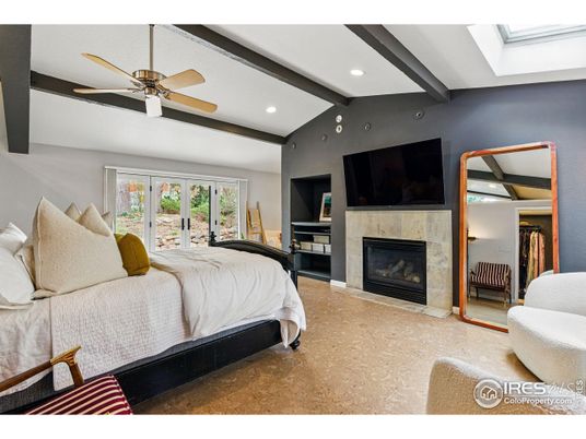 Bedroom, Fireplace, Interior, Recessed Lighting, Wooden Beams