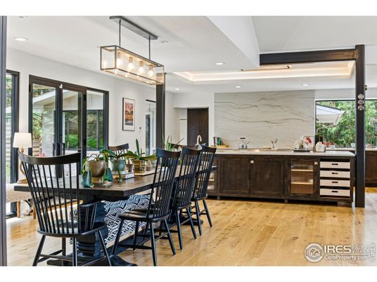 Dining room, Interior, Kitchen, Marble Walls, Pendant Lights, Recessed Lighting, Wood Texture Flooring