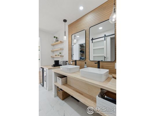 Bathroom, Dual Sink Vanities, Interior, Marble, Pendant Lights, Recessed Lighting