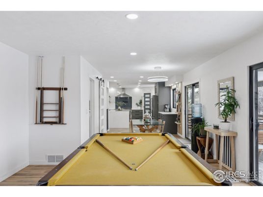 Billiard Table, Game Room, Interior, Kitchen, Pendant Lights, Recessed Lighting, Wood Texture Flooring