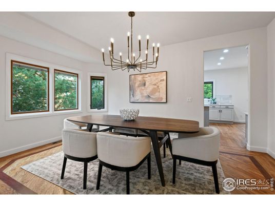 Dining room, Interior, Pendant Lights, Recessed Lighting, Wood Texture Flooring